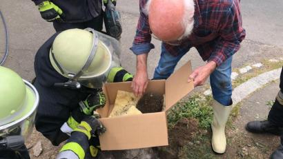 Bild: flm
Tierarzt Dr. Jochen Bloßfeldt begutachtete das Tier kurz, nachdem es aus dem Rohr befreit war.