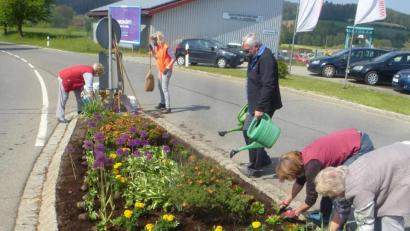 Bild: mad
Die Mitglieder des Gartenbauvereins pflanzten unter anderem die Verkehrsinsel an der Kreuzung bei der Tankstelle Prey neu an.