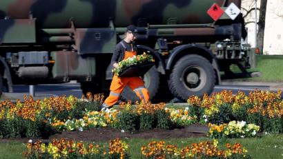 Bild: Stephan Huber
Die Stadtgärtnerei bringt den Frühling in die Stadt: Die Mitarbeiter bepflanzen unter anderem die Insel im großen Kreisverkehr.