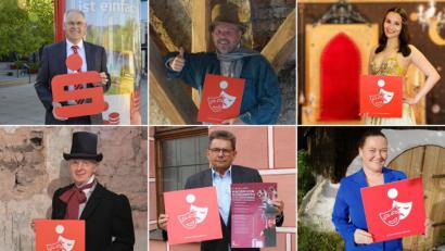 Bildmontage: Kathrin Schmidt/exb 
Die Spendenempfänger der Laienspielgruppen: Von links oben Alexander Düssil, Vorstandsmitglied der Sparkasse, Thomas Reiß, Buchbergbühne, Katharina Weiß, Heimat-und Kulturverein Ammerthal; Von links unterer Reihe, Alfred Härtl, Festspielverein Hirschau, Alfred Tischler, Knorr-von Rosenroth Schlossfestspiele Sulzbach-Rosenberg, Stadtbühne Vilseck, Sandra Zwack