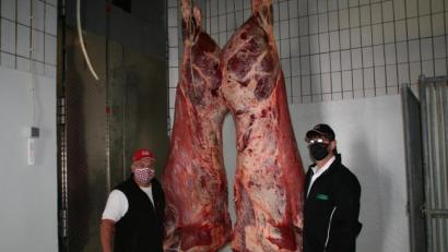 Bild: fpoz
Die Metzgermeister Matthias Siller (links) und Martin Zeitlhofer mit einem geschlachteten Bullen im Schlachthof.