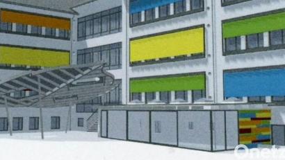 Grafik: exb/Konrad Kraus
Ein Blick vom Pausenhof zum Schulgebäude. Das Besondere sind die farbigen Markisen, die die Fassade akzentuieren, sowie ein Glasanbau (unten rechts) für die neue Mensa und ein stilisiertes Lindenblatt aus Holz (Mitte) als Sonnenschutz.