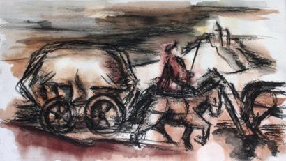 Bild: lg
Von Künstler Wolfgang Pöhlmann, jahrelang Kunstlehrer am Ortenburg-Gymnasium, stammt diese Gestaltung einer historischen Szene: Ein Gespann ist unterwegs auf der Oberviechtacher Altstraße, im Hintergrund ist am Horizont die Burg „Haus Murach“ zu sehen.