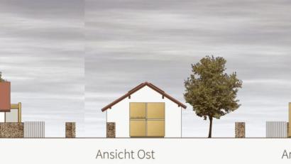 Grafik: Markus Braun/exb
Die Außenansichten des künftigen Kolumbariums am unteren Friedhofseingang. Eine Besonderheit wird der Vorbau mit der auffälligen Verkleidung aus gefärbtem Edelstahl.