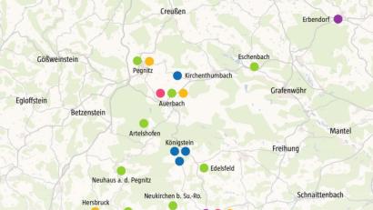 Grafik: nt/az
Die Standorte des Netzwerkes Pflege Mittelfranken-Oberpfalz.