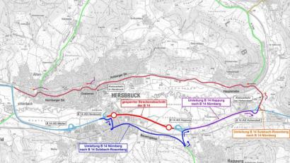 Grafik: Maier, Christian (StBA Nürnberg)
Die Karte zeigt den Verlauf der Umleitungen rund um Hersbruck.
