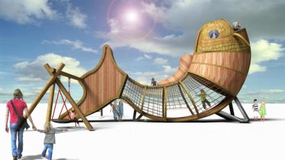 Grafik: Inmotion Park GmbH
Der "Eixi", der sieben Meter hohe Holzkarpfen, wird die Hauptattraktion des Fischerlebnisparks in Gütenland sein.