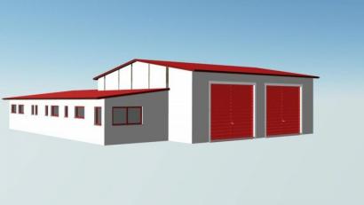 Grafik: HW Bau GmbH/exb
Die Grafik zeigt, wie das neue Feuerwehrhaus in Pleußen nach der Fertigstellung aussehen soll. Die Längsseite (links) verläuft parallel zur Ortsstraße im oberen Dorf. Geschaffen wird eine große Einfahrt, rechts von der Fahrzeughalle mit zwei Toren wird ein Parkplatz für die Mitglieder entstehen.