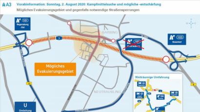 Bild: Polizei
Wegen der Suche nach Blindgängern aus dem Zweiten Weltkrieg kann es am Sonntag, 2. August, bei Regensburg zu Straßensperrungen kommen.