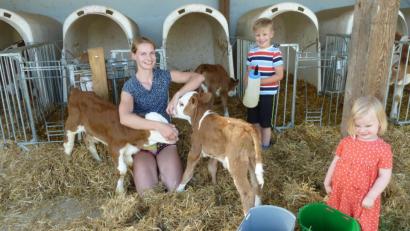 Bild: Portner
Gar nicht so einfach, die munteren Drillinge am Hof der Familie Sorgenfrei aus den Boxen zu locken. Anna übernimmt das Tränken der Kälbchen. Fabian und Amelie unterstützen ihre Tante gerne.