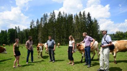 Bild: bey
Über die Problematik Bio-Rinderhaltung und Umstellung auf Weidehaltung befasst sich ein digitales Web-Seminar. Biobauer Thomas Weig (Zweiter von links) berichtet Landwirtschaftsdirektor Georg Stöckl (Dritter von links) über seine positiven Erfahrungen mit der Weidehaltung seiner Rinder.