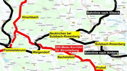 Bild: Grafik: Oberpfalz-Medien/Maps4News
Ausschnitt aus den Planungen zur Elektrifizierung: So soll die Stromleitung im westlichen Landkreis Amberg-Sulzbach verlaufen.
