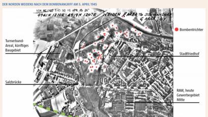 Bild: Bayerische Vermessungsverwaltung
Der Norden Weidens nach dem Bombenangriff am 5. April 1945.