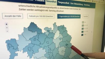 Bild: Gabi Schönberger
Weiden gehört zu den bayerischen Städten, die den Frühwarnwert überschritten haben. Auf der Karte des Landesamtes für Gesundheit dunkel markiert.