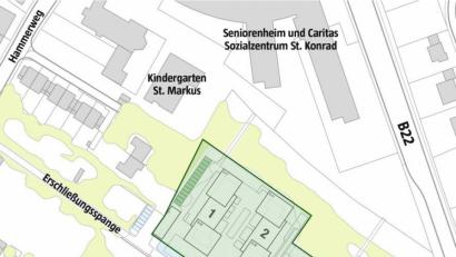 Bild: wd
Im Südosten des Wohnquartiers Turnerbund liegen die städtischen Projekte. Begonnen wird mit den Gebäuden 8 und 9. Für die Flächen im geschützten Innern des 3,5 Hektar großen Areals am vorderen Hammerweg sollen sich private Investoren engagieren. 	 Skizze: Architekten Zwingel/Dilg sowie Lex-Kerfers-Landschaftsarchitekten