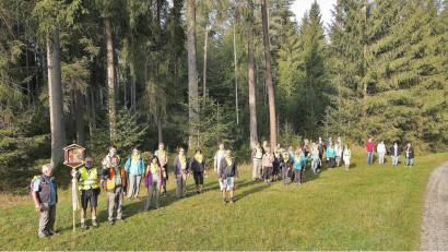 Bild: sck
Erste gemeinsame Pause für die Zehnergruppen der Wallfahrt am Lochfelsen im Veldensteiner Forst nach dreistündigem Wallfahrtsweg. In der Mitte Wallfahrtsführer Rudolf Kraus, dahinter als Fußwallfahrer Pater Markus, CR.