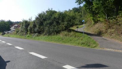 Bild: rn
An der Einmündung eines kleinen Fahrweges in die Stegenthumbacher Straße soll ein Zebrastreifen zum Pappenberger Weg hin ein sicheres Überqueren der Kreisstraße NEW 1 durch die Schulkinder aus der Reihenhausanlage (links) ermöglichen.