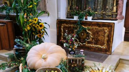Bild: do
Die Klosterkirche schmückt seit dem Wochenende ein farbenfroher Erntedankaltar. Den Mittelpunkt bildet ein über 200 Kilogramm schwerer Kürbis. Traditionell übernimmt den Aufbau des Altars die Ortsgruppe der Katholischen Landjugend