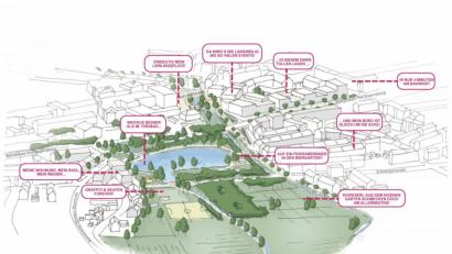 Grafik:  Dragomir Stadtplanung GmbH 
Blick von Westen auf das Weidener Stadtgebiet. Im Rahmenplan Wittgarten steht die Schaffung des Siechenweihers sowie die deutliche Aufwertung des Stadtteils auch durch neue Wohn- und Büroflächen im Mittelpunkt.