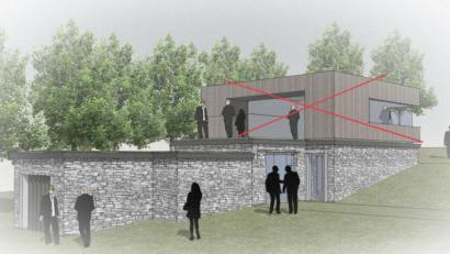 Bild: Eichl
Die Kompromisslösung verzichtet auf den Holzkubus, auf den Veranstaltungsraum und auf den barrierearmen Weg zur Infostelle (Plan: Architekturbüro Schöberl).