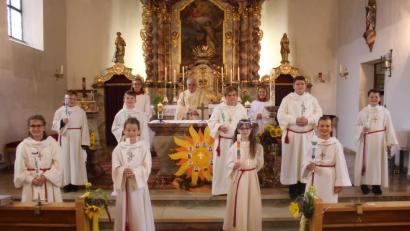 Bild: amö
Pfarrer Eugen Wismeth mit den Erstkommunionkindern (vorne, von links) Laura Borowski, Helena Tyrock, Sophie Stöckerl, David Zintl sowie (hinten, von links) Andreas Höcherl, Sandro Hirn, Tobias Leopold, Constantin Scherr und Moritz Braun.
