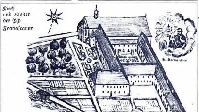 Bild: exb
Das einstige Franziskaner-Kloster. Zu erkennen ist auf der Zeichnung von Otto Schmidt auch die Kirche mit Dachreiter.