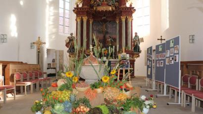 Bild: rpp
Der Erntegaben sind am historischen Taufstein der Dreieinigkeitskirche und auf einem Leiterwagen dekoriert. Im Hintergrund sind Stellwände mit Fotos zu sehen: „Vom Korn zum Brot“ – oder besser „Ein Brot erzählt aus seinem Leben“.
