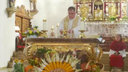 Bild: mad
Pfarrer Markus Urban gestaltete den Gottesdienst. Im Vordergrund der gestaltete Erntedankaltar in der Pfarrkirche.