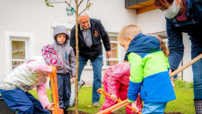 Bild: mab
Die Mitarbeit vieler kleiner Hände war beim Pflanzen der Obstbäume gefragt. Im Hintergrund ist Initiator Hans Lobinger von Kolping als versierter Hobbygärtner und Ratgeber zu sehen.
