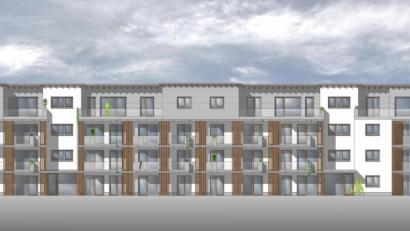 Bild: Entwurf: Architekturbüro Hermann Rauh und Werner Müller
So wird sich der Neubau am Rehbühl in der Fleischmannstraße präsentieren. Ebenso lang ist der neue Gebäudeflügel in der Veit-Stoß-Straße. Architekt und Bauherr wollen noch in diesem Jahr den Bauantrag einreichen, um im Frühjahr mit dem Bau beginnen zu können.