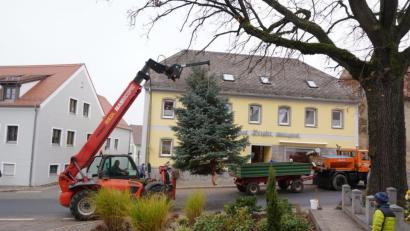 Bild: fvo
Die blaue Weihnachts - Stechfichte „schwebt“ am Waldthurner Marktplatz ein.