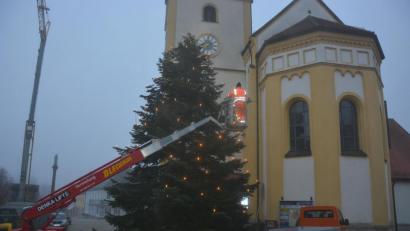 Bild: jr
Bauhofmitarbeiter haben am Mittwochvormittag die Tanne vor der Stadtpfarrkirche mit Lichterschmuck ausgestattet.