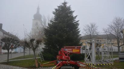 Bild: jr
Unweit des Resl-Hauses wurde eine mächtige Tanne als Christbaum aufgestellt. Starker Neben begleitete die Arbeiten durch Mitarbeiter des Konnersreuther Bauhofs.