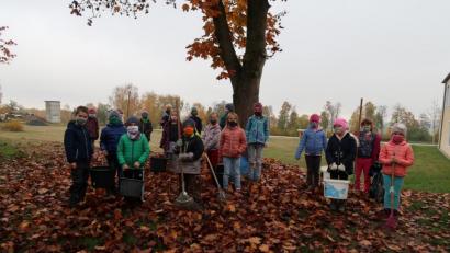 Bild: Grundschule Plößberg/exb
Mit einem großen Laubhaufen bereiteten die Kinder der Klasse 2a hinter dem Schulhaus einen Winterschlafplatz für den Igel vor.