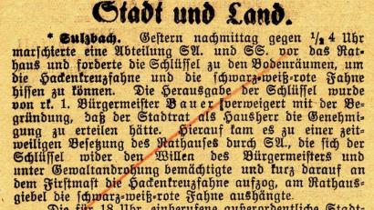 Bild: Stadtarchiv Sulzbach-Rosenberg
Artikel in der Sulzbacher Zeitung vom 8. März 1933 über die Auseinandersetzungen im Rathaus am 7. März 1933.