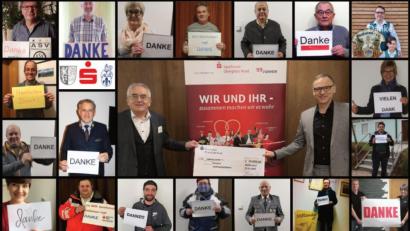 Bild: Stadt Waldsassen/exb
Die im Rathaus Waldsassen erstellte Collage zeigt in der Mitte Bürgermeister Bernd Sommer (rechts) und Sparkassen-Vorstandsvorsitzenden Ludwig Zitzmann zusammen mit den Vertretern der begünstigten Vereine und Organisationen.