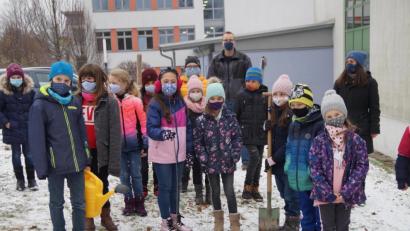 Bild: wel
An der Schule pflanzten die Kinder eine Apfelbaum.