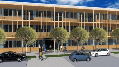 Grafik: Architekturbüro Knipl, Pracht und Partner
So soll die Hauptfassade des geplanten Neubaus aussehen, in den das Sonderpädagogische Förderzentrum Nabburg umziehen wird. Im Zuge dieser Maßnahme wird die Maria-Schwägerl-Schule jeweils eine Stütz- und Förderklasse für die Grundschul- sowie die Mittelschulstufe erhalten.