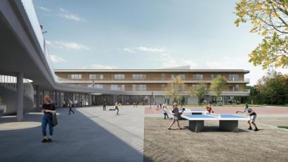 Bild: Arbeitsgemeinschaft ALN-GdlF ALN/Architekturbüro Leinhäupl + Neuber GmbH/Gutiérrez-Delafuente Arquitectos SLP
Frühestens 2024 könnte die neue Realschule Kemnath Wirklichkeit sein. Diese Außenansicht stellte die Planergemeinschaft im Kreistag vor.