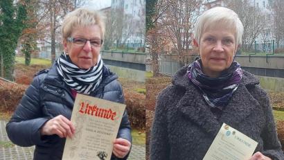 Bild: Erich Kummer
Für ihr Engagement bei den Germania-Keglern bekommen Gisela Hegebart (links) und Uschi Pabst eine Ehrung.