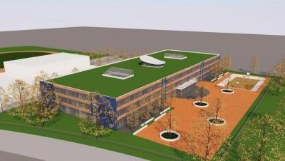 Grafik: Obel-Architekten
So könnten die neuen Realschulen in Nachbarschaft zur Sporthalle (links in Weiß) aussehen.