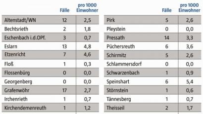 Grafik: Oberpfalz-Medien
Die 38 Gemeinden im Landkreis Neustadt verbuchen meist einen Anstieg der Corona-Zahlen.