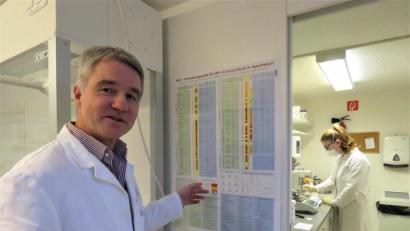 Bild: ubb
An der Tür zum Labor zeigt Christian Züllich einen Plan mit den jeweiligen Substanzen und gegenseitigen Wirkungen.