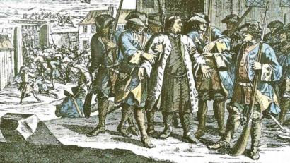 Repro: lg/Stadtmuseum Oberviechtach
Der kolorierte Kupferstich im Doktor-Eisenbarth- und Stadtmuseum zeigt die Verhaftung Pfarrer von Millers in Cham. Die stattliche Statur des geistlichen Rebellen wird durch Quellenaussagen gestützt.