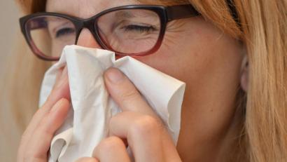 Symbolbild: Patrick Pleul/dpa
Eine Frau schnäuzt sich die Nase mit einem Papiertaschentuch.