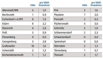 Bild: Landratsamt Neustadt/WN; Grafik: NT/AZ
Die Coronazahlen vom 19. bis 25. Januar, aufgeschlüsselt nach Landkreisgemeinden.
