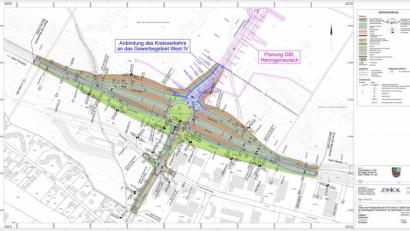 Bild: GDI/Ing.-Büro Zwick.
Die Bundesstraße 470 verläuft von Ost nach West im Süden des künftigen Anschlusses. Nach den bisherigen Planungen wird sie nach Norden verlegt und höhenfrei unter dem neuen Kreisverkehr hindurch geführt. An die neue Fahrbahn docken beidseits die Auf- und Abfahrrampen an. Die Verteilung der Kreuzungsverkehre übernimmt der große Kreisel, der zudem durch einen Bypass die Fahrzeuge aus dem Osten direkt ins geplante Gewerbegebiet West IV leiten kann.