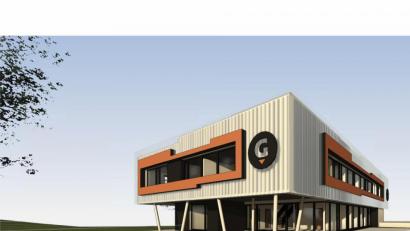 Bild: Josef Reger Bau/exb
So soll der Neubau aussehen, den das Vohenstraußer Unternehmen Reger Bau nach Plänen seines hauseigenen Architekten Fabian Knorr realisieren wird. Die Stelen stehen für Bohrpfähle, das Sinnbild des Spezial-Tiefbauunternehmens Gollwitzer.