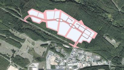 Grafik: Geobasisdaten Bayerische Vermessungsverwaltung bearbeitet durch Stadtplanungsamt Weiden
Das Luftbild zeigt, auf welcher Fläche das neue Gewerbegebiet Weiden-West IV geplant ist.