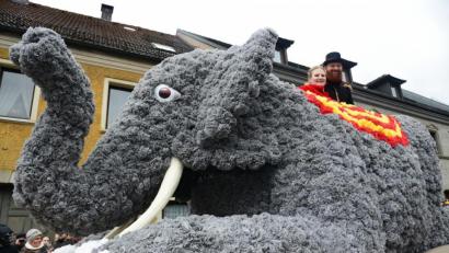 Bild: bey
"Manega frei" hieß das Motto beim Pleysteiner Faschingszug 2020. Deshalb thronte das Prinzenpaar Philipp I. und Andrea IV. auf dem Rücken eines Elefanten, gefertigt aus weit über 10..000 Papiierrosen, aus Servietten gefaltet.